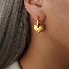 METAL HEART-SHAPED EARRINGS Tarnish Resistant Heart Hoop Earrings For Anniversary, Classic Gold Earrings For Valentine's Day, Classic Pierced Gold Heart Earrings, Classic Gold Pierced Heart Earrings, Classic Gold-plated Heart Earrings, Classic Heart-shaped Gold-plated Earrings, Classic Heart-shaped Gold Plated Earrings, Gold Plated Heart Charm Earrings For Anniversary, Gold Plated Heart Earrings With Heart Charm For Anniversary