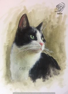 a painting of a black and white cat with green eyes