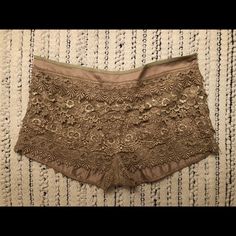 Champagne/Taupe Color Lace Shorts Brown Party Bottoms Short Length, Beige Bottoms For Spring Parties, Party Brown Short Bottoms, Party Brown Short Length Bottoms, Party Brown Short-length Bottoms, Beige Summer Party Shorts, Beige Fitted Party Shorts, Beige Fitted Shorts For Party, Casual Beige Party Bottoms