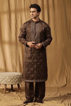 Brown kurta with bead embroidery. Paired with a salwar. - Aza Fashions Traditional Wear With Dabka For Designer Wear, Traditional Fit Traditional Wear With Dabka Work For Diwali, Traditional Fit Straight Kurta With Dabka Work, Traditional Fit Resham Embroidered Kurta For Diwali, Traditional Fit Designer Kurta For Eid, Designer Traditional Fit Kurta For Eid, Festive Straight Kurta Churidar With Traditional Fit, Festive Embroidered Traditional Fit Kurta, Embroidered Dabka Fabric For Traditional Ceremonies