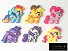 pixel art pony broochies made from perler beads on white background with text overlay