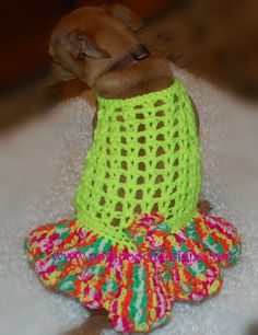 a small dog wearing a green dress on top of a white carpet with a pink and yellow frilly skirt