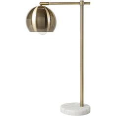 a brass and marble floor lamp on a white base with a round light bulb in the middle