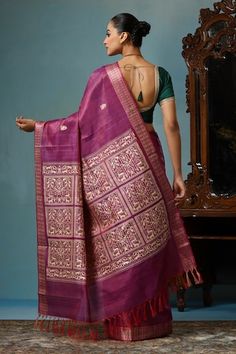 Magenta, gold handwoven saree crafted in kosa silk featuring Chhattisgarhi tribal art motif. Comes with a running blouse piece. - Aza Fashions Handloom Saree, Blouse Piece, Aza Fashion, Hand Weaving, Saree, Running, Silk, Purple, Gold