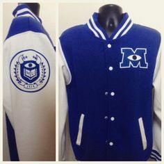 Monsters University Jacket is royal blue and white and has the MU logo on front chest and the MU crest on the sleeve. Jacket is snap front. Product is handmade and made-to-order. The jacket is a light-weight cotton-poly blend throughout with metal button closures. If you would like a size not Mu Logo, Monster's University, University Jacket, Jacket Varsity, College Jackets, Clothing Sketches, Monsters University, Diy Jacket, Varsity Style