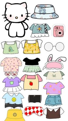 hello kitty paper doll cut outs with clothes and hats on them, all in different colors