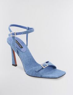 Charming evening sandal crafted from denim. Done with a peep toe and rhinestone embellished buckles. Finished with a stiletto heel.     *This item is not eligible for Express or Premium shipping Evening Sandals, Heel Shoes, Stiletto Heel, Stiletto Heels, Sandals Heels, Sandals, Heels