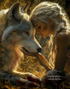 a beautiful blonde woman sitting next to a wolf