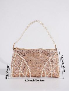 Introducing the Vincy Glitter Pearl Handbag, the perfect accessory for an elegant evening. This sparkling clutch for women features shimmering glitter and beautiful pearls, adding a touch of glamour to any outfit. Expertly crafted for a stunning and sophisticated look. Color : Champagne Details : Contrast Sequin, Pearls Magnetic : No Pattern Type : Geometric Style : Glamorous Bag Size : Small Closure Type : Zipper Strap Type : Top Handle Type : Square Bag Material : PVC Composition : 100% Polyester Bag Height Bag Length Bag Width 13 20.5 3 Glamorous Event Bags With Sequins, Glamorous Sequined Bags For Events, Pearl Clutch For Party, Gold Clutch With Pearl Embroidery For Party, Elegant Glitter Bag For Events, Elegant Glitter Evening Bag For Prom, Handheld Bags With Pearl Embroidery For Party, Elegant Sparkling Evening Shoulder Bag, Handheld Pearl Embroidery Bag For Party