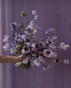 a person holding a bouquet of flowers in front of a purple wall with sheer curtains