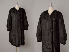 "This lavishly embellished statement coat hails from the late 1800's, and is made from the most extraordinary materials. The exterior is made from an incredible silk moiré jacquard -- with the signature grain effect of moiré, but with shimmery satiny swirls spread across its surface. The shoulders and chest are lavishly adorned with black gelatin sequins, real jet beading, heavy silk braid, and delicate net (with tiny hints of a spider's web motif). This exquisite hand-work cascades down the bac Embroidered Silk Evening Outerwear, Traditional Evening Outerwear For Winter, Victorian Jacket, Broadway Costumes, Navy Blue Cocktail Dress, Velvet Dress Long, Silk Coat, Corduroy Coat, Statement Coat