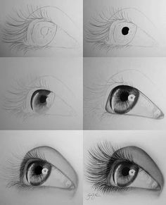 four different views of an eye with long eyelashes