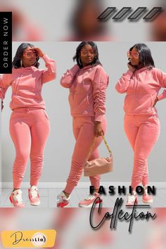 Thicken Pleated Long Sleeve Hoodie Sweatpants Set Fitted Casual Hoodie For Leisure, Casual Fitted Hoodie For Leisure, Fitted Fleece Tracksuit For Fall, Pink Hoodie Tracksuit For Winter, Pink Stretch Sweatpants For Winter, Fall Leisure Tracksuit With Drawstring, Casual Pink Winter Tracksuit, Pink Casual Winter Tracksuit, Winter Sportswear Sets With Pockets