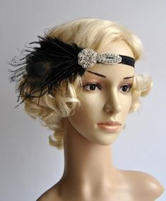 Peacock Headband inspired Great Gatsby, Art Deco Style. Made of stretch headband and set of black ostrich feathers, one hand curled black peacock eye, wispy ostrich plumes embellished with beaded applique. Perfect for a Great Gatsby or a 1920's party ! Can be worn with feathers on the left or right side of head, the ribbon is elastic so it fits everybody's head ! I made this headband also with ivory elastic and wthie, ivory feathers. The elastic can be white, ivory ,silver, black and gold. The f Great Gatsby Headpiece, 1920s Headband, Gatsby Headpiece, Flapper Headpiece, Gatsby Headband, 1920s Headpiece, Vintage Headpiece, Flapper Headband