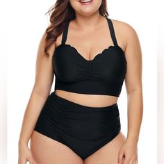 Black High Waisted Swimsuit With Scalloped Top And Roushing On Bottoms Neon Yellow Swimsuit, Yellow Swimsuits, Plus Size Black, Black High Waist, Bathing Suits, High Waist