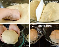 four pictures showing how to make bread dough