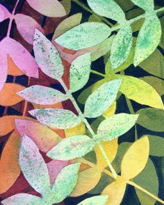 an abstract painting of leaves on a branch with green and yellow leaves in the background