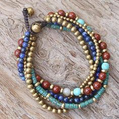 Multi-gemstone beaded bracelet, 'Beads and Bells' - Multi Gemstone Beaded Bracelet from Thailand Making Bracelets With Beads, Beaded Jewelry Bracelets, Diy Beaded Bracelets, Beaded Jewelry Necklaces, Diy Jewelry Necklace, Beaded Bracelets Tutorial, Lapis Lazuli Beads, Beads Bracelet Design, Bracelets Diy