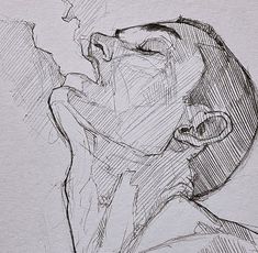 a pencil drawing of a man's face with his hand on his chin and mouth open