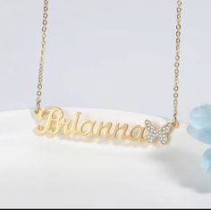 Show some love this holiday season with this beautiful Custom Name Necklace with iced out butterfly. Gift it to someone special or make it your own. Perfect match for any outfit and any occasion. Lovalita name necklaces are versatile enough to wear it everyday. Wear it alone, or layer it up with other necklaces. Makes perfect gifts for Girlfriends, Moms, Grandmas, daughters, or best friends. 100% nickel free. Made from high quality stainless steel with 14k Gold plating that won't fade. *Comes in Trendy Bling Necklaces For Gifts, Trendy Bling Necklace For Gift, Trendy Necklace For Gift, Silver Butterfly Necklace For Birthday, Nameplate Necklace Gold, Name Necklace Silver, Necklace With Diamond, Diamond Butterfly, Nameplate Necklace