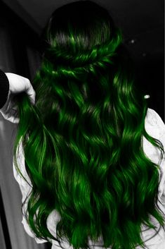 Jade Green Hair Color, Phantom Green Hair, Black To Green Hair, Dark Green Highlights In Brown Hair, Slytherin Hair, Funky Hair Color Ideas, Black And Green Hair, Emerald Green Hair, Emerald Hair