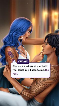 two women with blue hair and tattoos on their arms, one is touching the other's chest