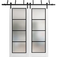 a white double door with frosted glass and black metal bars on the top, in front of a white background