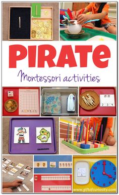 a book cover with pictures of children's activities and words on the page, pirate montessor activities