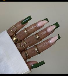 Long Square Green Acrylic Nails, Birthday Nails Green And Gold, Long Square Acrylic Nails Dark Green, Green French Tip Nails Square Long, Dark Green Marble French Tip Nails, Green Fall Nails Acrylic, Emerald Green French Tip Nails, Long Acrylic Nails Green And Gold, Virgo Nails