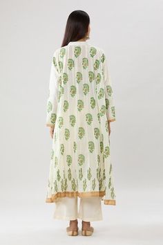 Cream kurta with green floral block print. Comes with pant and a dupatta - Aza Fashions Chanderi Green Kurta With Floral Print, Bohemian Green Palazzo Set With Printed Motifs, Bohemian Green Cotton Anarkali Set, Green Bohemian Cotton Anarkali Set, Green Bohemian Anarkali Set With Printed Motifs, Bohemian Green Anarkali Set With Printed Motifs, Green Floral Print Palazzo Set For Festivals, Green Floral Print Straight Kurta, Bohemian Green Anarkali Set With Block Print