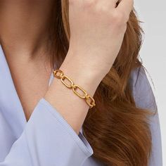 Trieste Link Bracelet with paperclip links in 24k Gold plate with toggle caps Approx 8 inches long 24k Gold plate Signature Packaging Toggle closure Julie Vos, Mirror Artwork, Port City, Gold Link Bracelet, Area Rug Runners, Holiday Earring, Silk Road, Faux Florals, Trieste