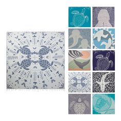 four different pictures with sea animals and turtle designs on them, one in blue the other in white