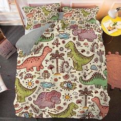 Dino World Bedding Set (Duvet Cover & Pillowcases) 420 / Dinosaur Sheets, Cute Bed Sets, Dinosaur Bedding, Dinosaur Bedroom, Twin Size Bed, Unique Bedding Sets, Unique Bedding, Girl Dinosaur, Dinosaur Decor