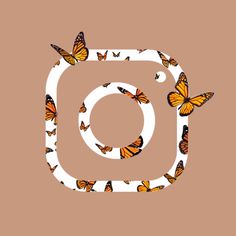 a group of butterflies flying around the shape of an instagram logo on a brown background