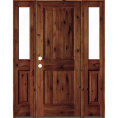 The Rustic Knotty Alder Square-Top V-Groove Prehung Exterior Door from Krosswood Doors calls to mind simpler times when homes were built for function and longevity while displaying the natural beauty of exposed wood. This eye-catching door is the perfect. Color: Red Chestnut Stain. Craftsman Front Door, Rustic Entry Doors, Gray Stained Wood, Prehung Exterior Door, Wood Front Entry Doors, Chestnut Stain, Red Mahogany Stain, Provincial Stain, Stain Wood