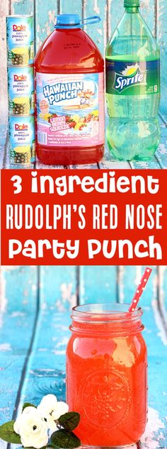 three ingredient rudolph's red nose party punch is shown in front of a pool