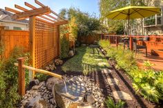 an outdoor garden with rocks and plants in the foreground, surrounded by wooden fences