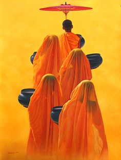 three people with orange cloths on their heads and one person holding an umbrella above them