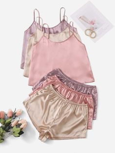 Girls Nightgown, Satin Pj Set, Sleepwear Fashion, Satin Pyjama Set, Cropped Cami, Satin Pajamas, Elastic Waist Shorts, Loungewear Set