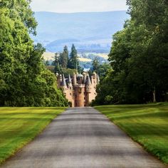 a road leading to an old castle in the middle of some trees and grass with mountains in the background