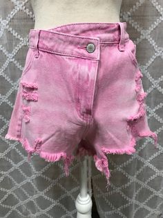 Pink Distressed Shorts Trendy Distressed Shorts, Chic Distressed Jean Shorts, Summer Cotton Ripped Shorts, Pink Bottoms With Frayed Hem For Summer, Trendy Ripped Pink Bottoms, Summer Washed Bottoms For Day Out, Summer Day Out Washed Bottoms, Ripped Shorts For Spring, Casual High Waist Pink Shorts