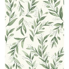 a green and white wallpaper with leaves on it