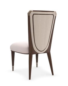 an upholstered chair with a wooden frame and fabric seat pad on the back