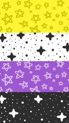 four different colored stars and dots on a black, white, yellow, and purple background