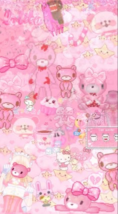 pink wallpaper with many different types of teddy bears