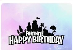 the fortnite happy birthday logo is displayed in front of a purple and blue background