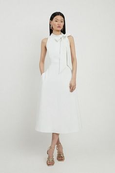 Compact Stretch Tie Neck Full Skirted Midi Dress | Karen Millen Petite Midi Dress, Plus Size Workwear, Summer Bridesmaid Dresses, Karen Millen Dress, Spring Wedding Guest Dress, Ibiza Outfits, Evening Dresses Cocktail, Paris Outfits, Petite Skirt