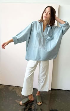 Two Micro Stripe Long Sleeve Shirt - Indigo Tucked In Shirt Outfit, Robes Wax, Oversized Shirt Outfit, Slow Clothing, Oversized Clothes, Fancy Fashion, Shirt Dress Outfit, Minimalist Fashion Women, Striped Shirt Women