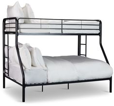 a bunk bed with two white pillows on the bottom and one black metal frame, against a white background