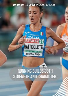 a woman running in a marathon with the caption, running build both strength and character